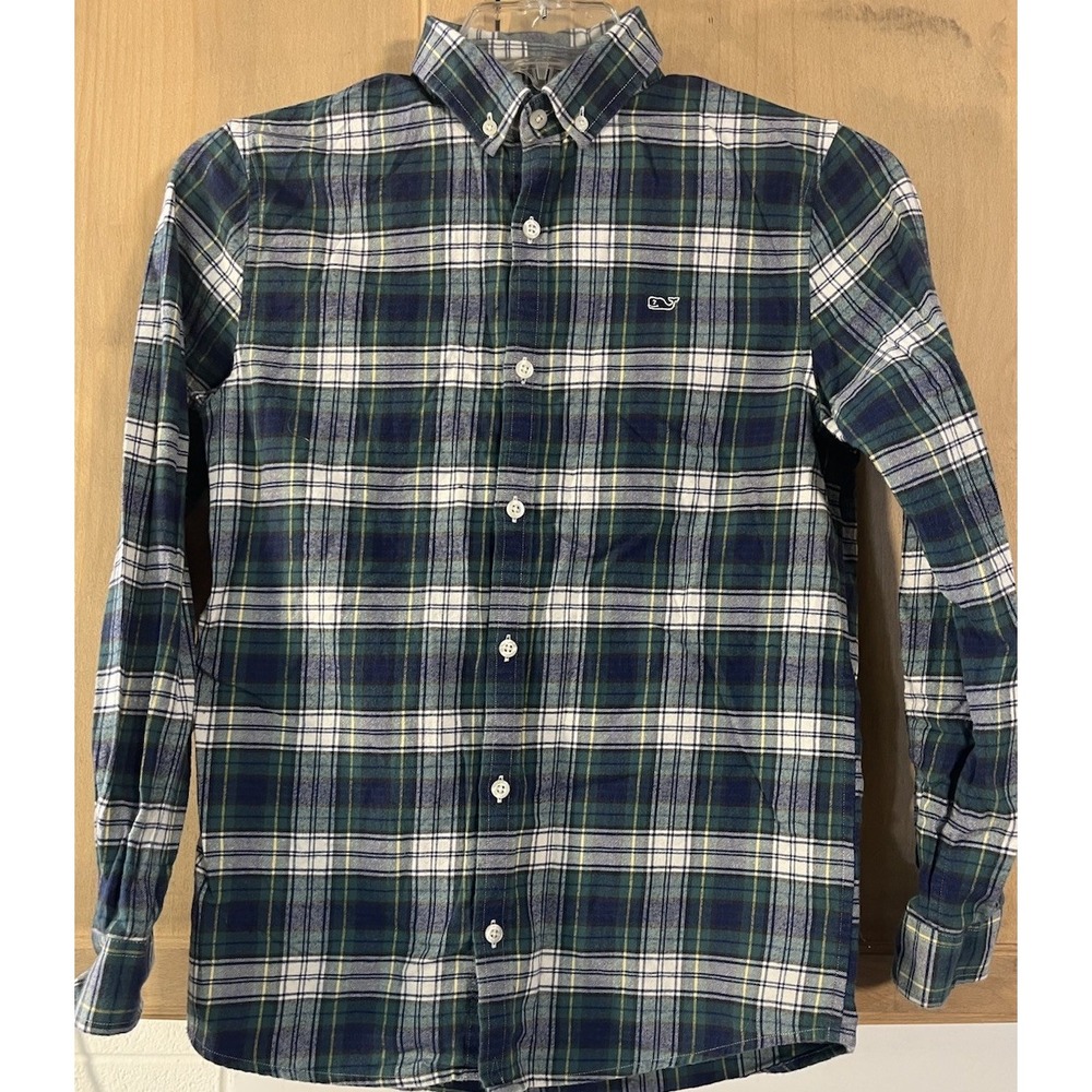 Vineyard Vines Button Down Shirt Men Large Green‎ Blue Plaid Long Sleeve Whale